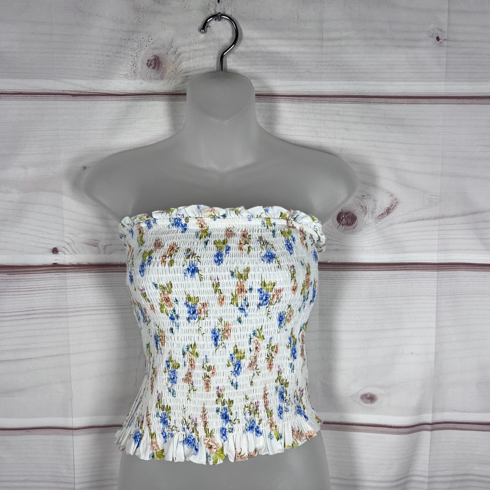 Zara Tube Top Womens M White Floral Smocked Strapless Ruffle Coquette Stretch